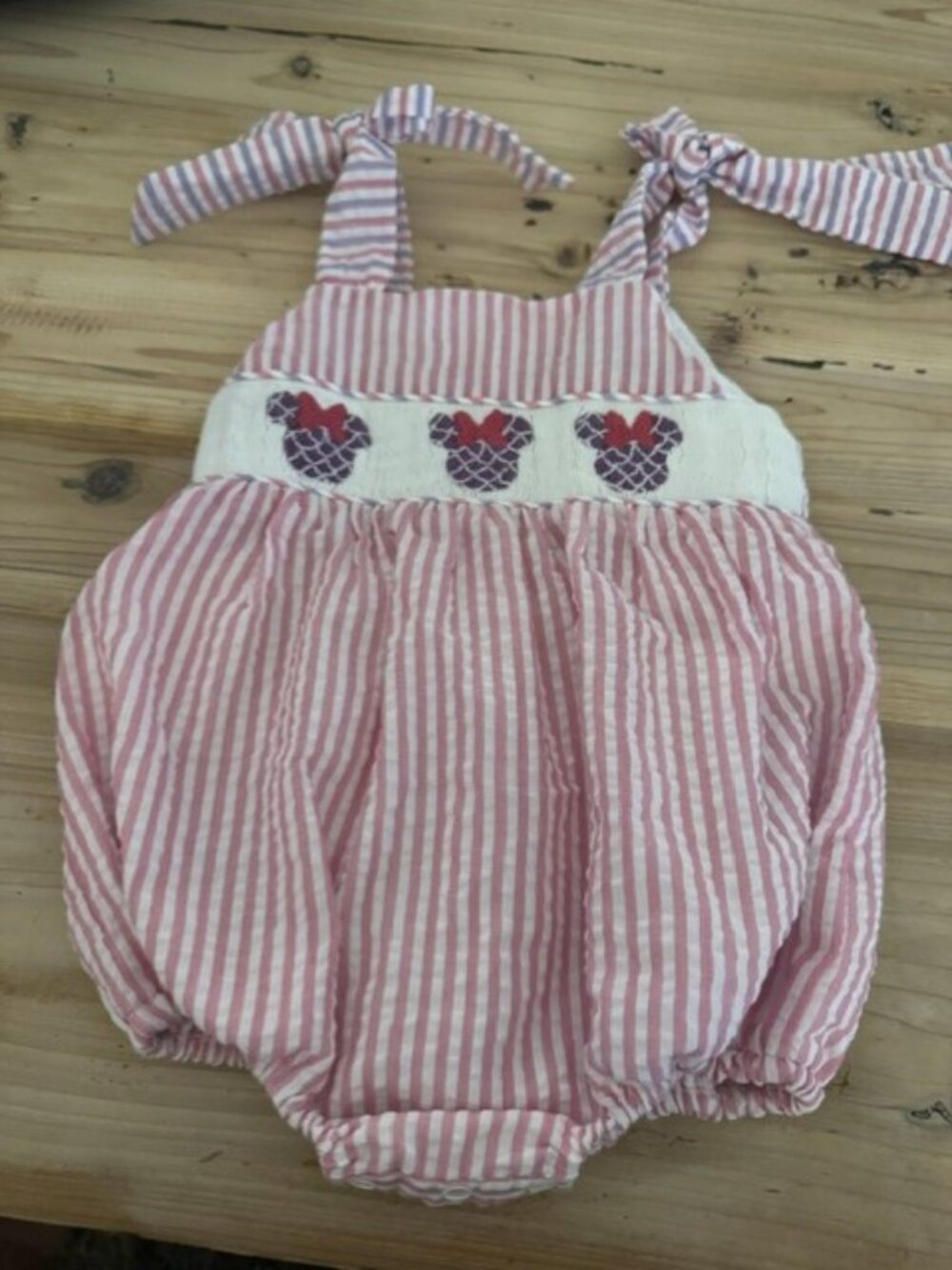 The Smocked Flamingo. Mini Mouse striped bubble. Size 9 mos